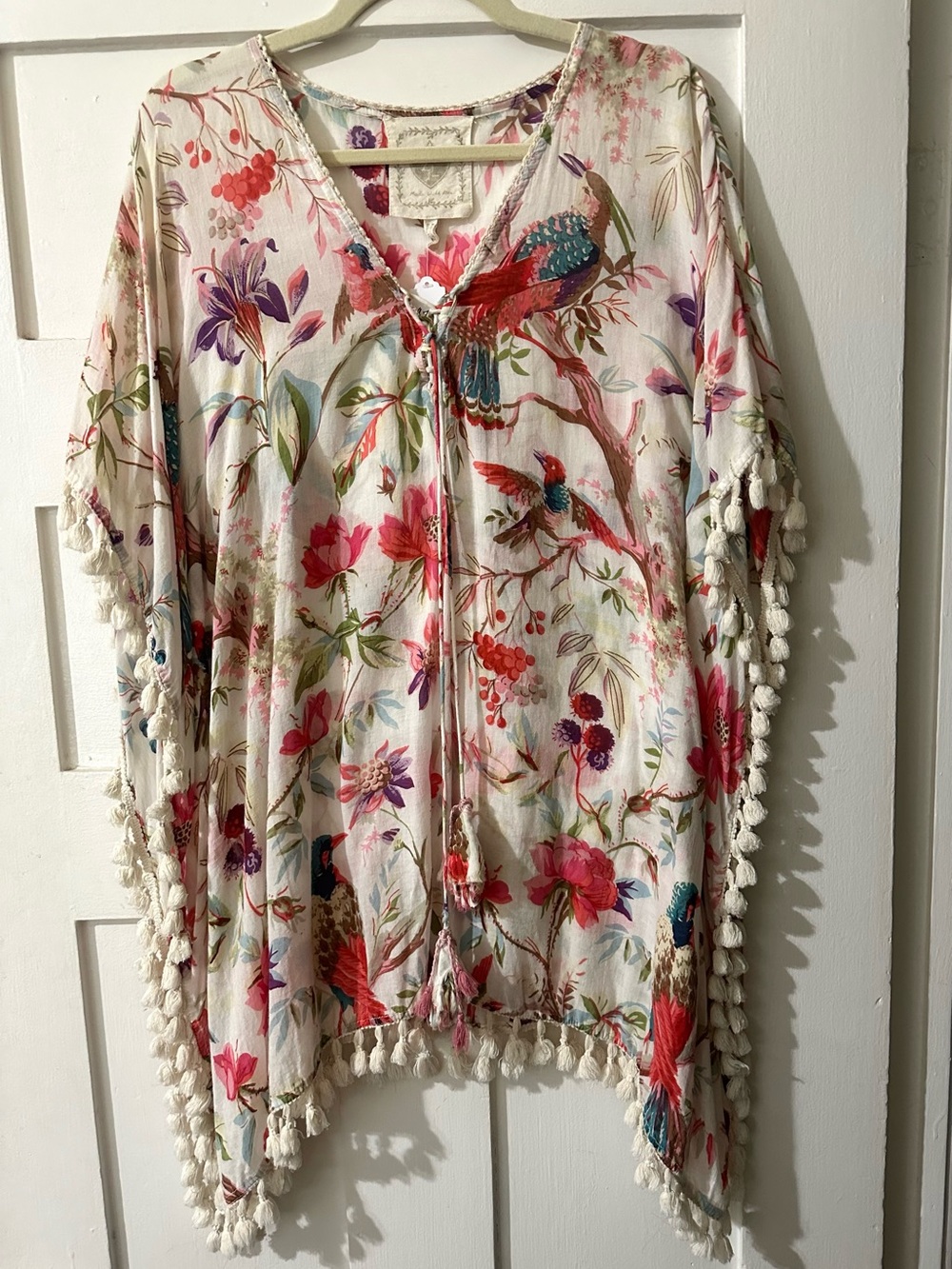 Z & L Swim Floral Bird Print Cover-Up/Kimono - Cream with Pink & Teal O/S